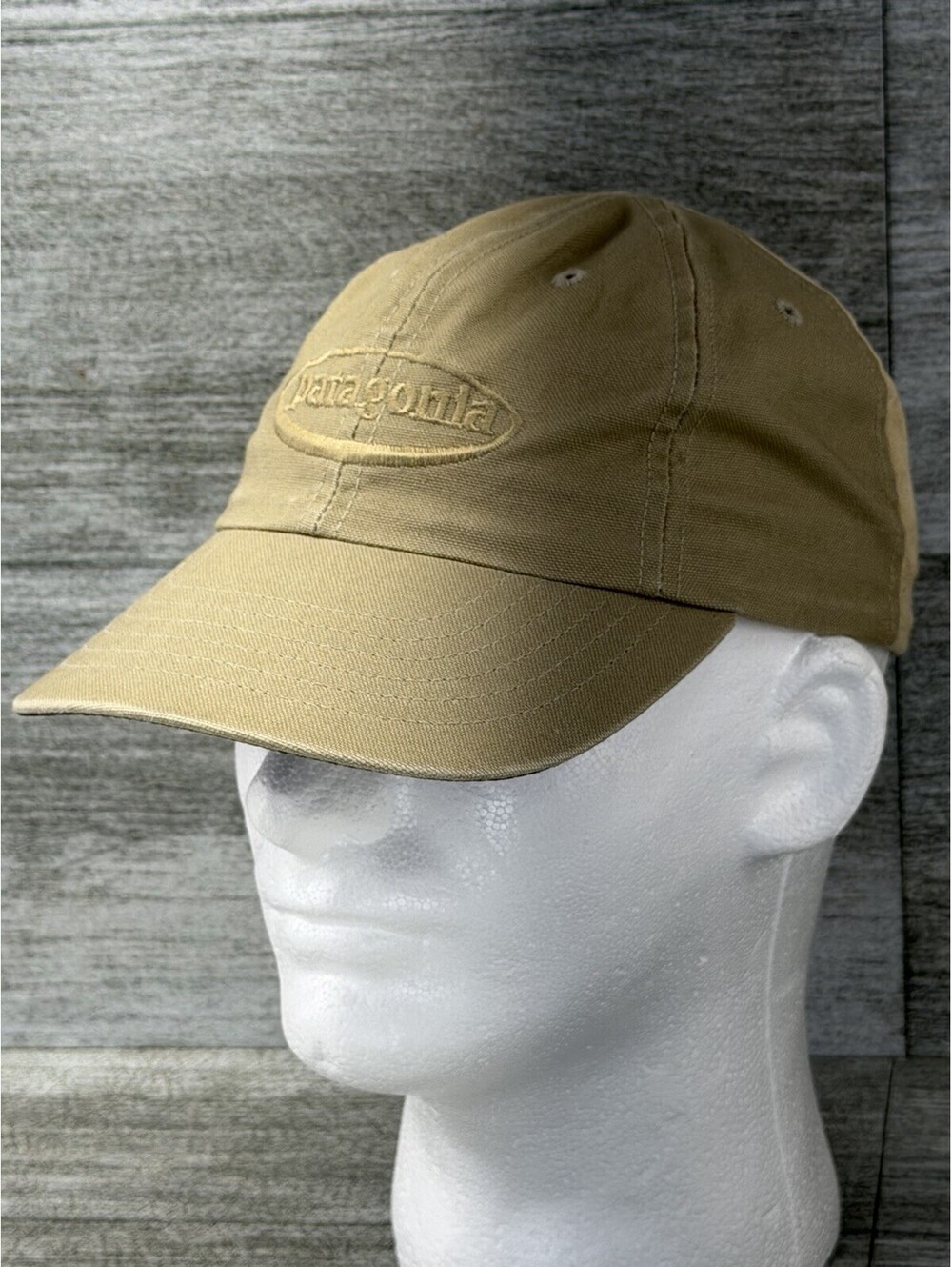 VTG Patagonia Canvas USA Made 6 Panel 2 Tone Khaki Tan Hat Cap Hiking 52063 90s